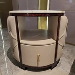 Round Marble-Top SideTable with Diamond-Tufted Leather Body, Open Shelf and Single Drawer